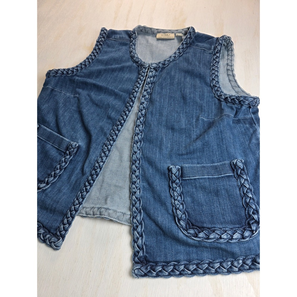 LOGO Lori Goldstein Denim Vest Medium Wash Braided Trim Boho Western Blue M